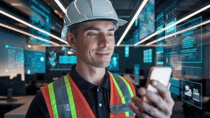 Poster - A smiling construction worker in a hard hat checks his phone amidst digital interfaces.