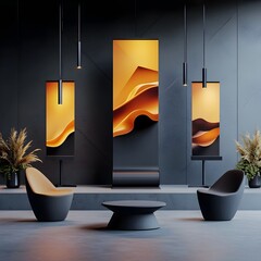 Poster - Minimalist roll up display stand with a streamlined geometric form and a matte low reflectivity finish set in a stark modern studio  Dramatic chiaroscuro lighting casts dynamic shadows