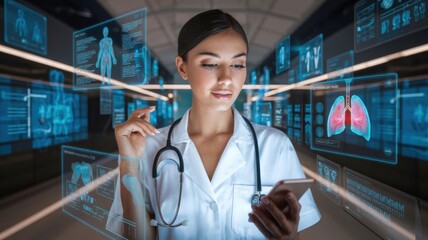 Poster - A healthcare professional interacts with digital health data on a smartphone.