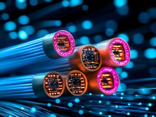 Poster - Dramatic macro view of brightly illuminated sinuous fiber optic cables against a shadowy abstract background radiant and hypnotic evoking bioluminescent deep sea organisms in an experimental