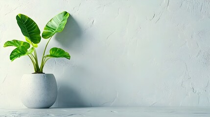 Poster - Elegant office setting with a pristine white wall backdrop accentuated by the natural presence of a thriving potted houseplant minimalist yet refined composition calming and professional mood