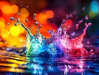 Poster - Colorful Water Splash with Vibrant Reflections and Bokeh Effect Captured in an Artistic and Dynamic Photograph Showcasing Nature's Beauty and Motion