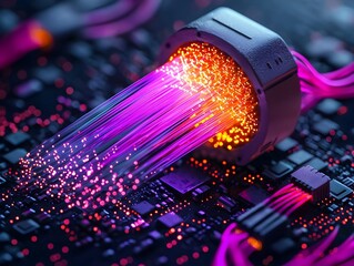 Poster - Extreme close up of mesmerizing prismatic fiber optic cables pulsing with an inner glow cascading across a mysterious dark expanse with subtle ambient illumination in a captivating sci fi style