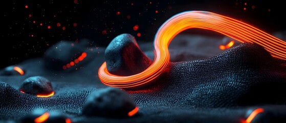 Poster - Mesmerizing undulating fiber optic cables snaking across a shadowy textured plane in a dramatic synthwave inspired dystopian urban environment