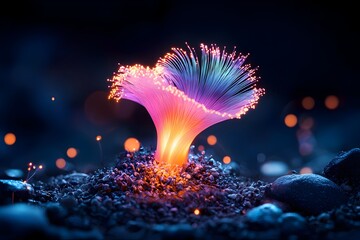 Poster - Mesmerizing iridescent fiber optic cables intertwined in a hypnotizing arrangement pulsating with an otherworldly incandescence set against a mysterious darkened backdrop
