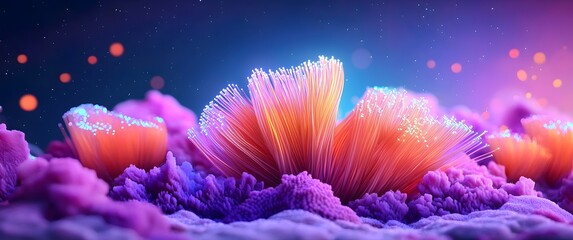 Poster - Mesmerizing and enigmatic swirling formation of iridescent undulating fiber optic cables coalescing into a bioluminescent structure floating in a vast