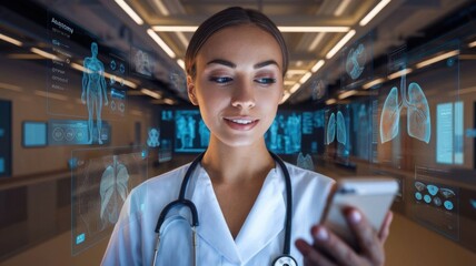 Poster - A healthcare professional using a smartphone in a tech-enhanced medical environment.