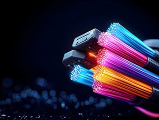 Poster - Magnified view of luminous rainbow hued fiber optic cables pulsing with an otherworldly glow against an inky black backdrop creating a mesmerizing technological abstraction with an atmospheric