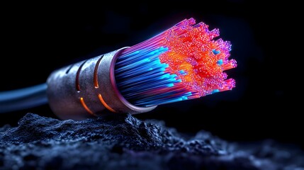 Poster - Captivating multicolored fiber optic cables in a striking display glowing and intertwined with an ethereal against a dark obscure backdrop with deep shadows and a sense of mystery