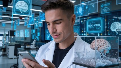 Poster - A scientist examines a smartphone while observing a brain model in a high-tech lab.
