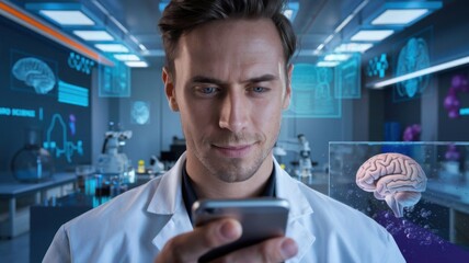 Poster - A scientist examines data on a smartphone in a high-tech lab with brain visuals.