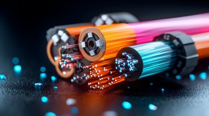 Poster - mesmerizing prismatic fiber optic cables in a hypnotic arrangement on a pitch black surface glowing 