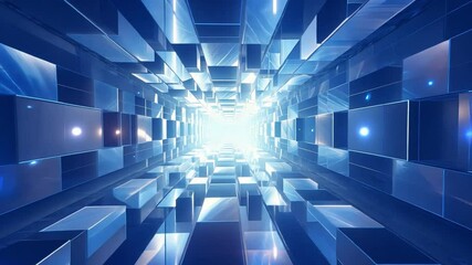 Poster - Abstract Digital Tunnel: A mesmerizing journey through a digital tunnel of shimmering, blue, and metallic cubes, radiating an ethereal glow.