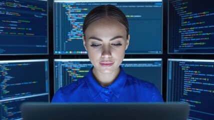 Poster - A focused individual working on a laptop surrounded by screens displaying code.