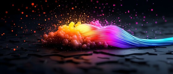 Poster - Intricate web of glowing rainbow fiber optic cables splayed across a jet black plane emitting a captivating ethereal light with cinematic dramatic lighting and a sleek futuristic atmosphere