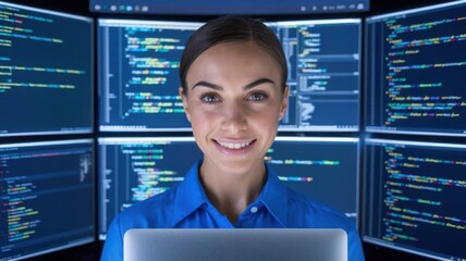Poster - A smiling woman in a blue shirt works on a laptop surrounded by multiple screens of code.