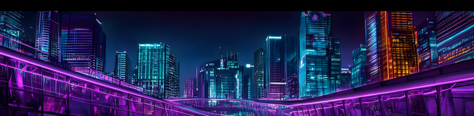 Canvas Print - Cyberpunk Metropolis with Purple and Cyan Neon lights. Night scene with Futuristic Superstructures.