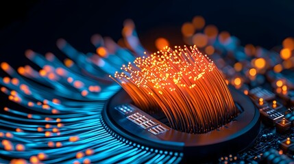 Poster - Dramatic glowing fiber optic cables in a captivating display on a pitch black background shimmering and pulsating with ethereal illumination