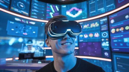 Poster - A person wearing VR goggles in a tech environment with digital displays.