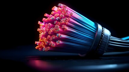 Poster - Captivating fiber optic cable display in vibrant multicolored hues against a deep jet black background showcasing a mesmerizing cyberpunk inspired digital art piece with a futuristic