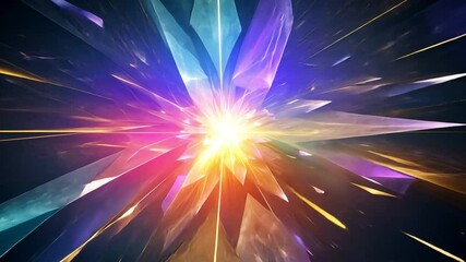 Poster - Prismatic Explosion: A vibrant burst of multicolored crystals explodes outward, radiating light and energy in an abstract digital art piece.  