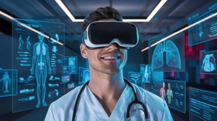 Poster - A medical professional using virtual reality for educational purposes in a high-tech environment.