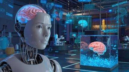 Poster - A futuristic lab featuring a robot and a brain display, emphasizing neuroscience and technology.