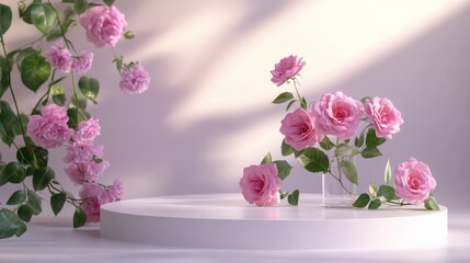 Wall Mural - white pedestal with a vase of pink roses on it. the roses are arranged in a way that they look like 