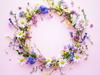 Wall Mural - flower arrangement in the shape of a circle with a pink background. the flowers are a mix of blue, p