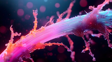 Poster - Breathtaking close up of shimmering iridescent fiber optic cables on an inky black background with intricate tangles of glowing luminescent strands creating a mesmerizing play of light and shadow