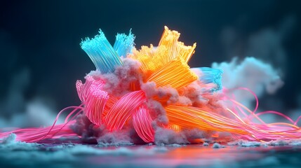 Fototapete - Intricate luminous fiber optic cables in a mesmerizing array of hues against a shadowy surface glowing neon ribbons tangled and intertwined emanating pulsing light shimmering and iridescent