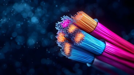 Poster - Captivating multicolored fiber optic cables in a striking display glowing and intertwined with an ethereal against a dark obscure backdrop with deep shadows and a sense of mystery
