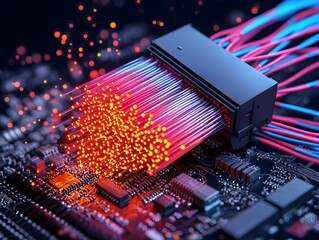 Poster - Extreme close up of a sprawling network of luminescent fiber optic cables vibrant colors and textures tangled web of glowing lines high contrast lighting digital and technological