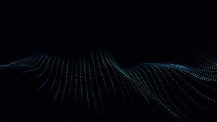Poster - Futuristic point wave of particles. Visualization of sound waves. Dark background. Technology or science banner. Abstract, colorful digital 3D wave. Vector illustration.
