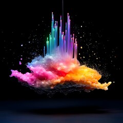 Poster - Shimmering rainbow hued fiber optic cables in a hypnotic abstract arrangement suspended in an inky black space with a sense of depth and dimension