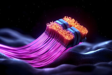Poster - Intricate luminous fiber optic cables snaking across a dark void pulsing with mesmerizing energy in a minimalist high contrast sci fi composition with a retrofuturistic vibe