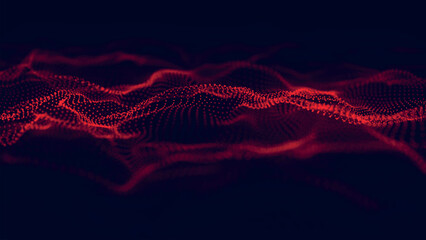 Poster - Futuristic point wave of particles. Visualization of sound waves. Dark background. Technology or science banner. Abstract, colorful digital 3D wave. Vector illustration.
