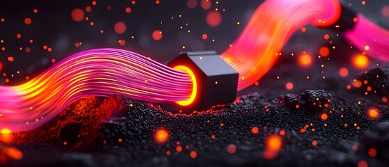 Poster - Mesmerizing glowing undulating fiber optic cables snaking across a shadowy textured plane in a 3D rendered synthwave inspired dystopian urban environment with dramatic contrast and a captivating
