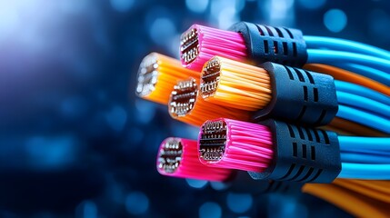 Poster - Mesmerizing close up of a tangled glowing array of colorful fiber optic cables set against a dark mysterious backdrop with dramatic cinematic lighting evoking a futuristic