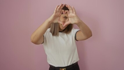 Wall Mural - Young woman forming heart shape with hands in front of her face over isolated pink background