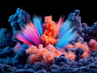 Poster - Mesmerizing array of vibrant pulsing and weaving fiber optic cables shrouded in a moody dimly lit environment with a dramatic chiaroscuro effect creating a hypnotic and captivating display