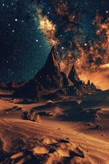 astronaut on red mars landscape at night with cosmic stars in the sky.