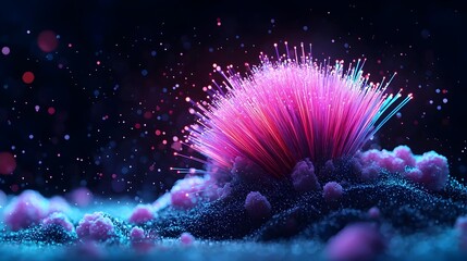 Poster - striking close up of vivid pulsing fiber optic filaments on an inky black backdrop glowing with an e