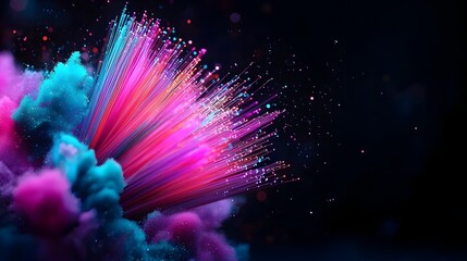Poster - Striking close up of vivid pulsing fiber optic filaments on an inky black backdrop glowing with an ethereal neon energy futuristic and mesmerizing creating a captivating cinematic effect