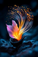 Poster - Mesmerizing glowing fiber optic tendrils shimmering in an ethereal dimly lit abstract void