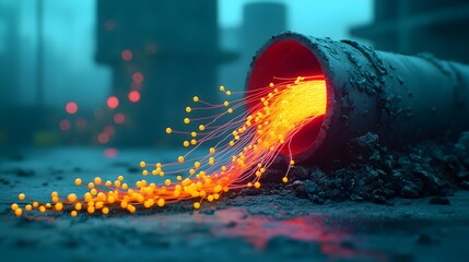 Poster - Striking luminous fiber optic strands casting an ethereal hallucinogenic illumination on a shadowy atmospheric plane with neon like glowing tendrils weaving an intricate