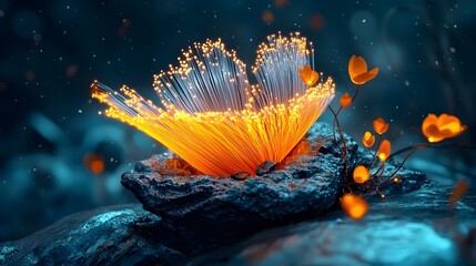 Poster - Mesmerizing fiber optic strands glowing with ethereal luminescence against a shadowy obscure metallic surface in a captivating hypnotic display of radiant energy and light