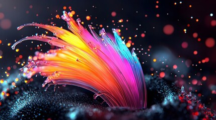 Poster - Dramatic close up of illuminated iridescent fiber optic strands on a mysterious dark background glowing and refracting light in a captivating display  Ethereal and futuristic in appearance