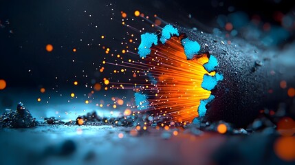 Fototapete - Mesmerizing display of hypnotic radiant fiber optic strands glowing with an ethereal luminescence against a shadowy obscure metallic surface