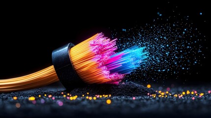 Poster - striking close up of vivid pulsing fiber optic filaments against an inky black backdrop glowing with